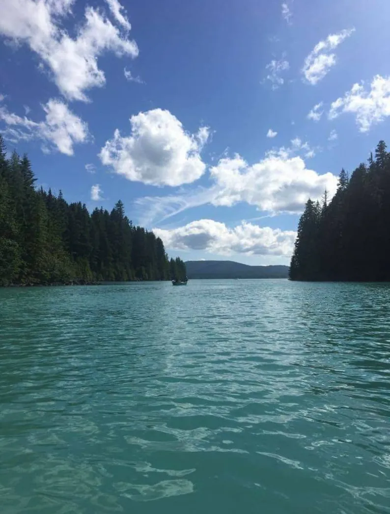 A turquoise lake edged by conifer forest, with a small boat in the distance.